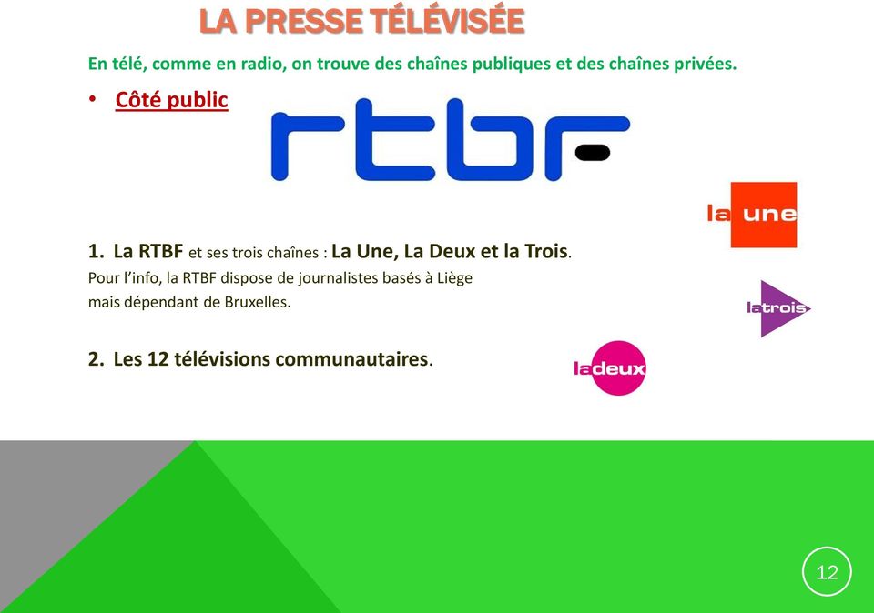 La RTBF et ses trois chaînes : La Une, La Deux et la Trois.