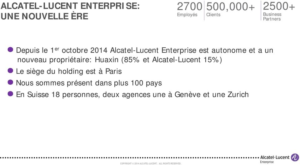 propriétaire: Huaxin (85% et Alcatel-Lucent 15%) Le siège du holding est à Paris Nous