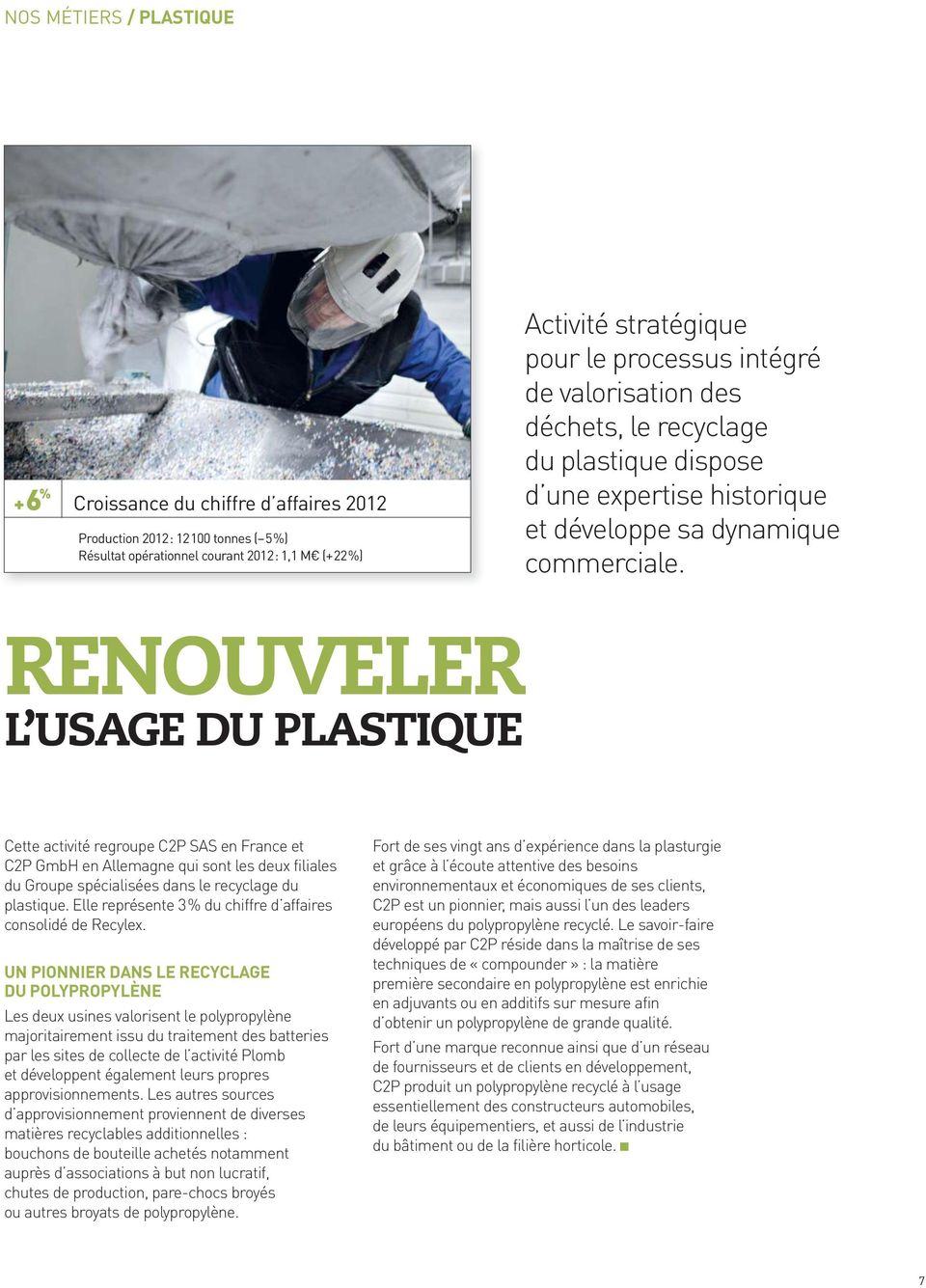 RENOUVELER L USAGE DU PLASTIQUE Cette activité regroupe C2P SAS en France et C2P GmbH en Allemagne qui sont les deux filiales du Groupe spécialisées dans le recyclage du plastique.