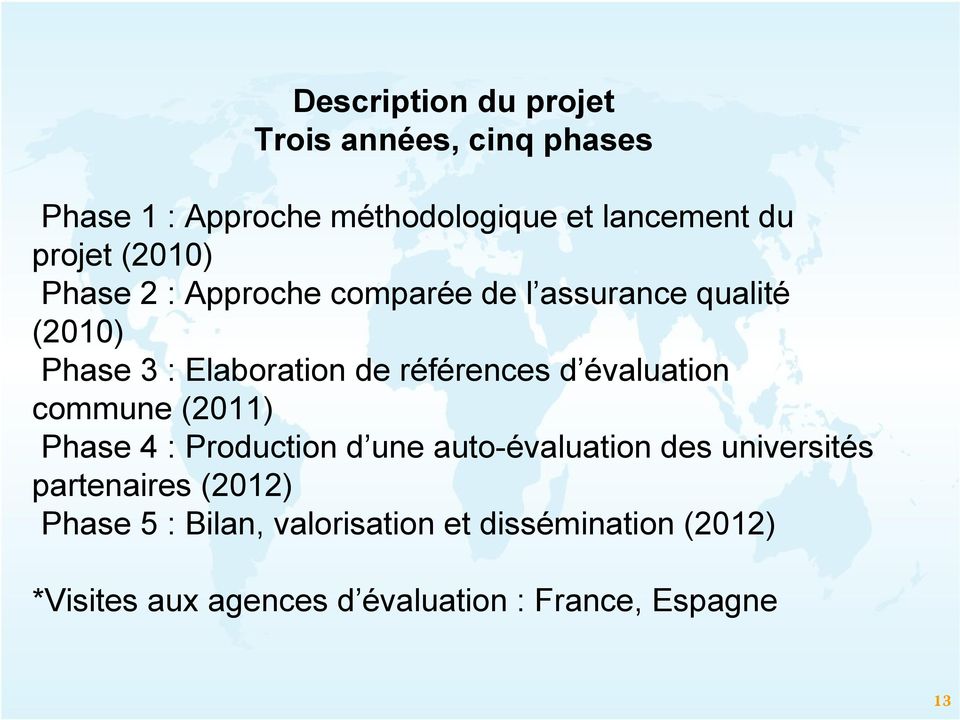 évaluation commune (2011) Phase 4 : Production d une auto-évaluation des universités partenaires (2012)
