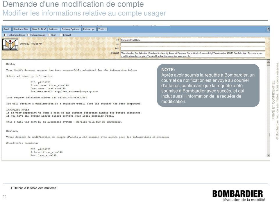courriel d affaires, confirmant que la requête a été soumise à Bombardier