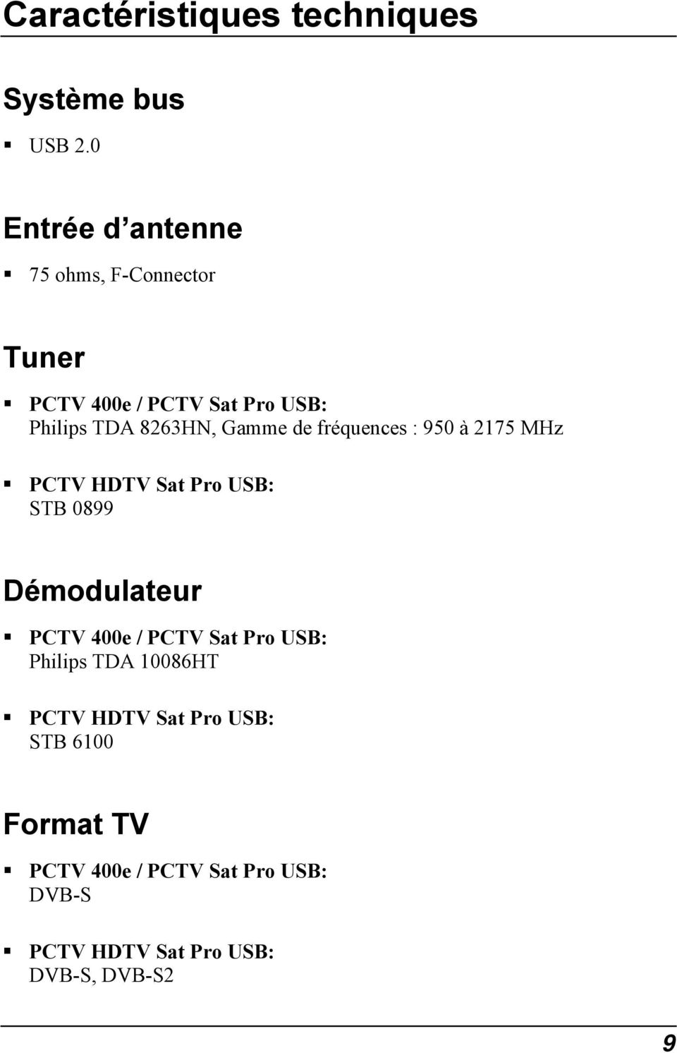 Gamme de fréquences : 950 à 2175 MHz PCTV HDTV Sat Pro USB: STB 0899 Démodulateur PCTV 400e /