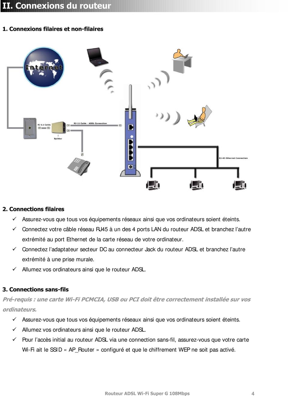 á Connectez l adaptateur secteur DC au connecteur Jack du routeur ADSL et branchez l autre extrémité à une prise murale. á Allumez vos ordinateurs ainsi que le routeur ADSL.