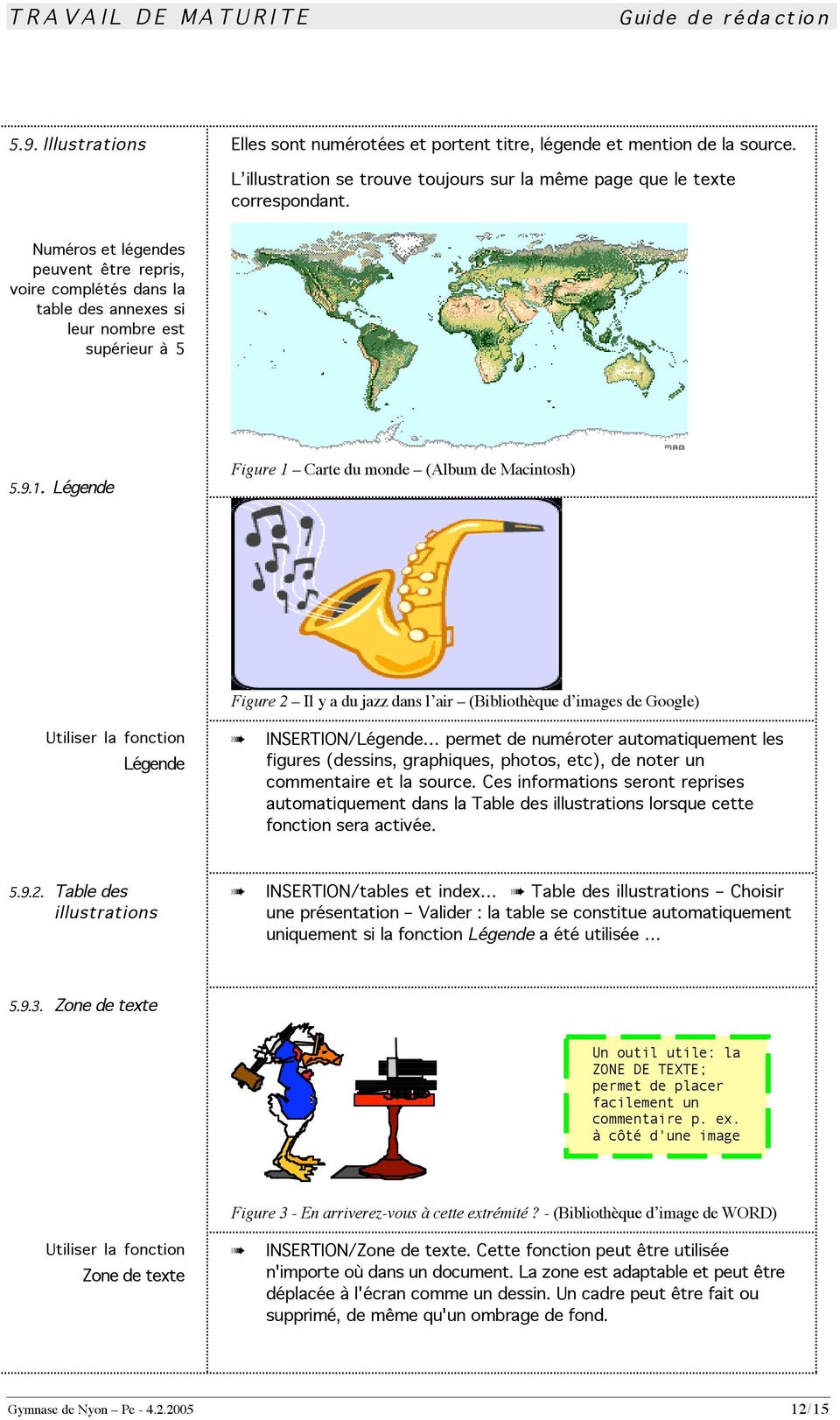 Légende Figure 1 Carte du monde (Album de Macintosh) Figure 2 Il y a du jazz dans l air (Bibliothèque d images de Google) Utiliser la fonction Légende INSERTION/Légende permet de numéroter