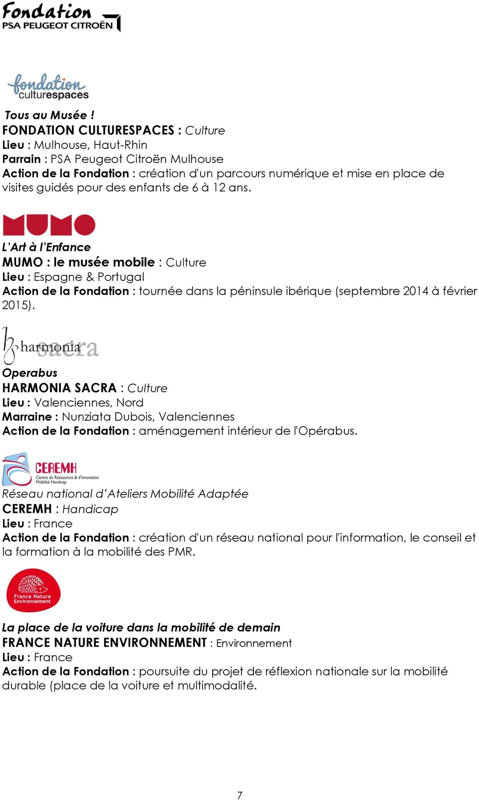 des enfants de 6 à 12 ans. L Art à l Enfance MUMO : le musée mobile : Culture Lieu : Espagne & Portugal Action de la Fondation : tournée dans la péninsule ibérique (septembre 2014 à février 2015).