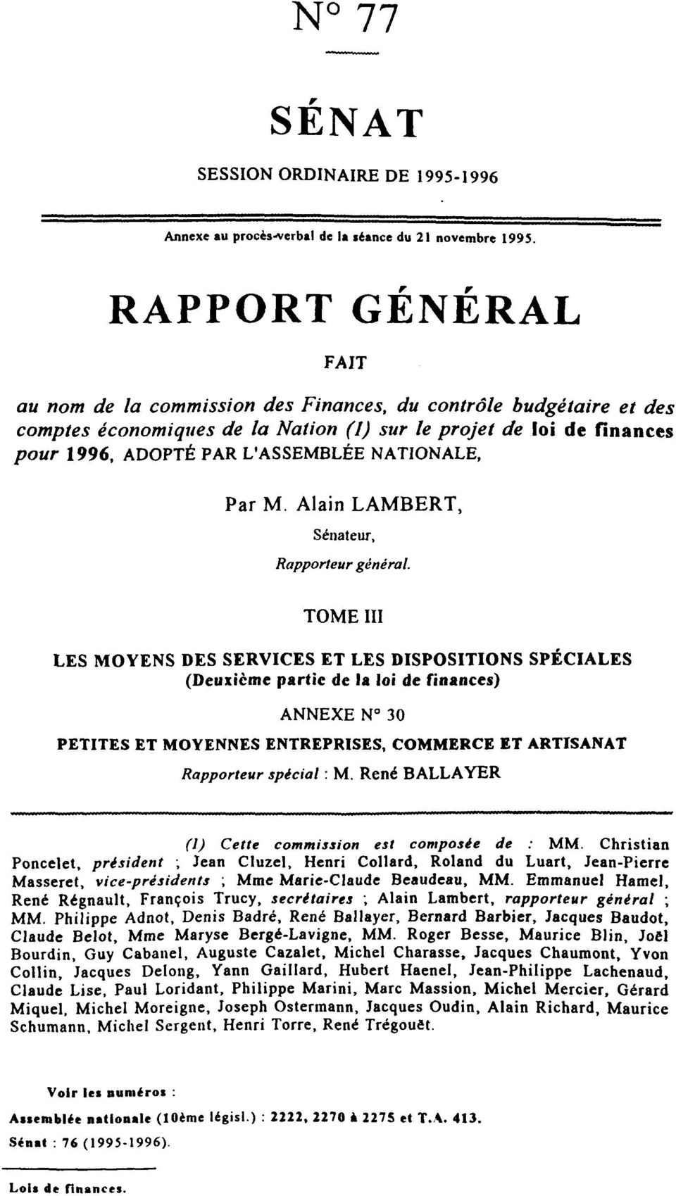 NATIONALE, Par M. Alain LAMBERT, Sénateur, Rapporteur général.