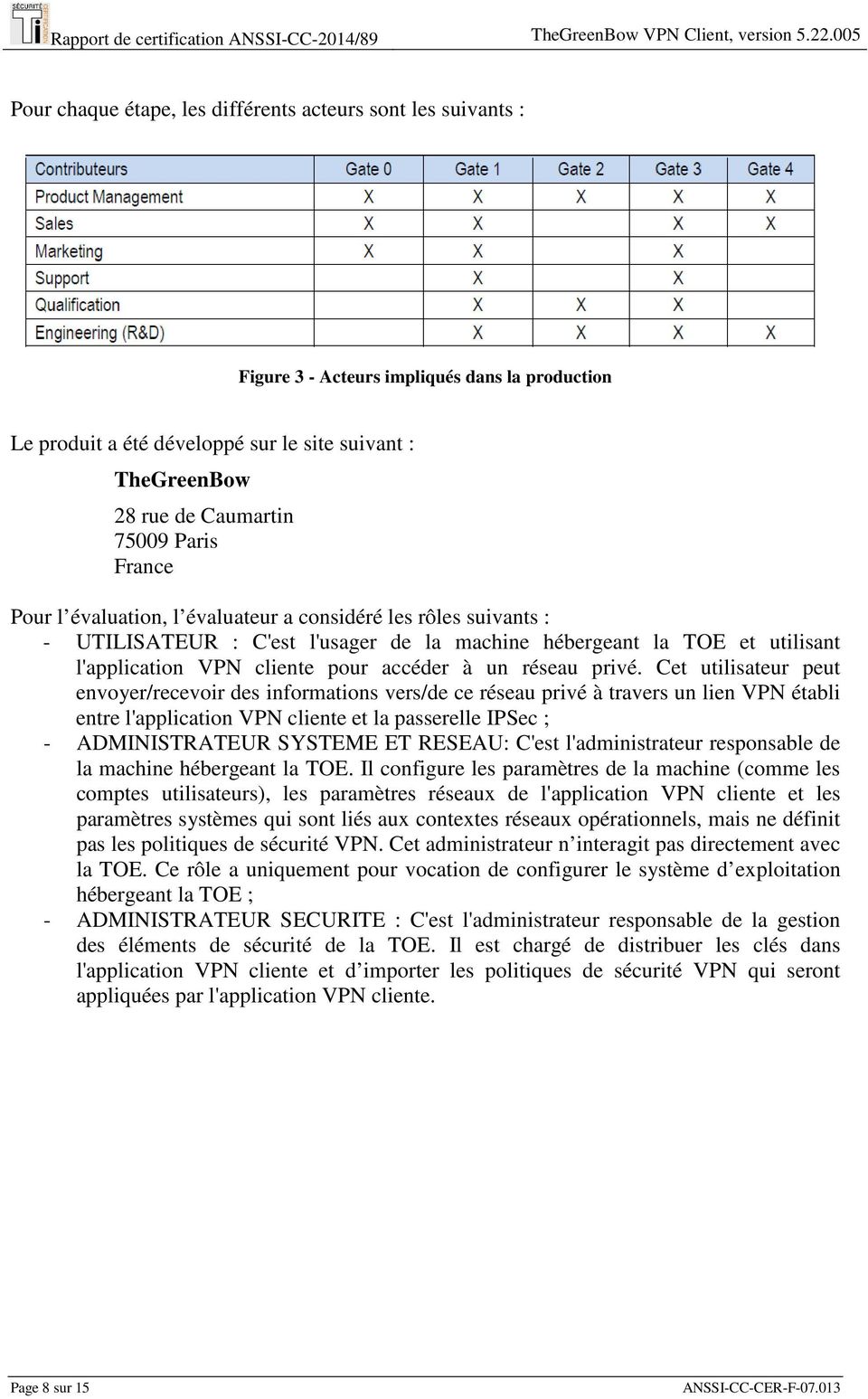 75009 Paris France Pour l évaluation, l évaluateur a considéré les rôles suivants : - UTILISATEUR : C'est l'usager de la machine hébergeant la TOE et utilisant l'application VPN cliente pour accéder