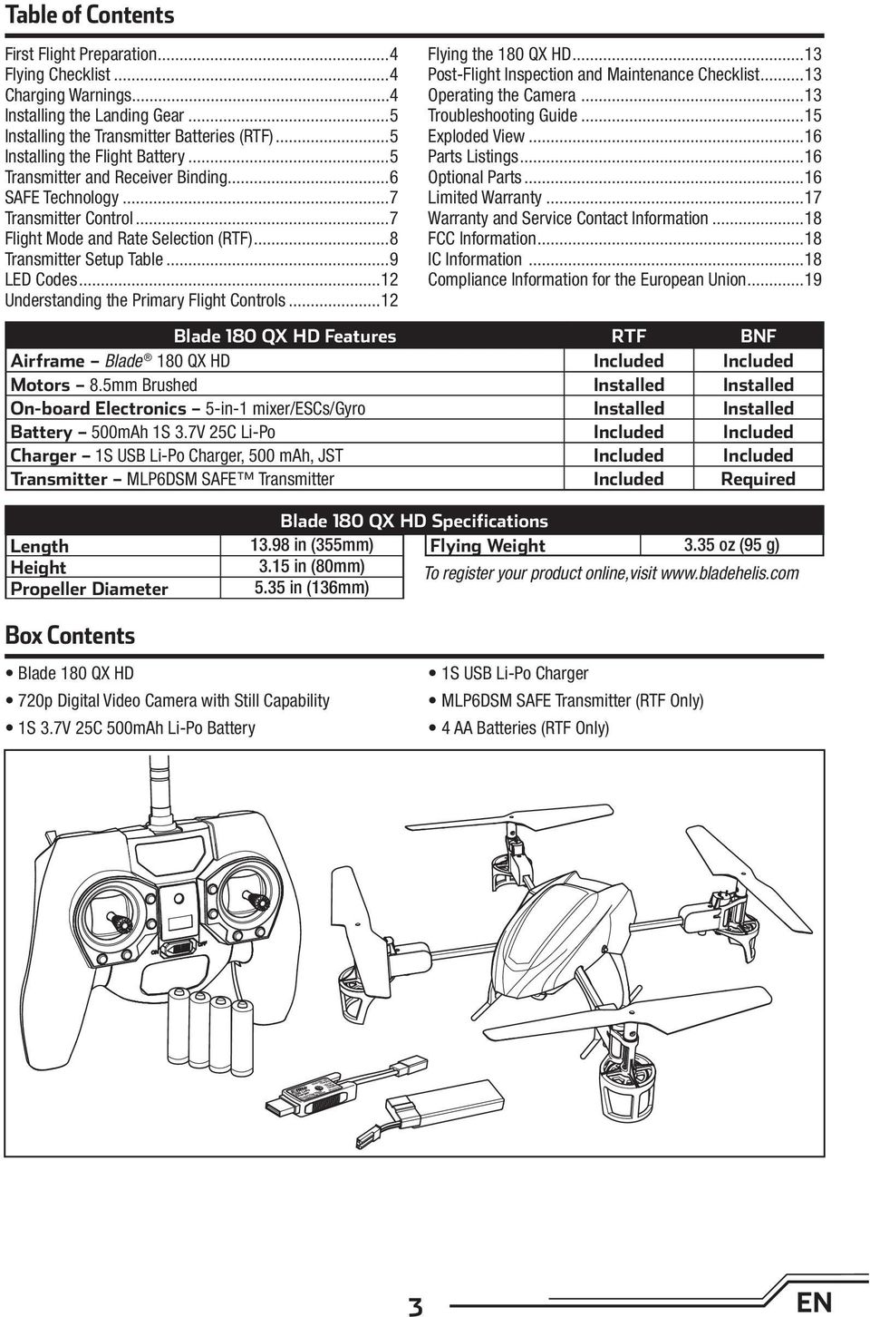 ..12 Understanding the Primary Flight Controls...12 Flying the 180 QX HD...13 Post-Flight Inspection and Maintenance Checklist...13 Operating the Camera...13 Troubleshooting Guide...15 Exploded View.