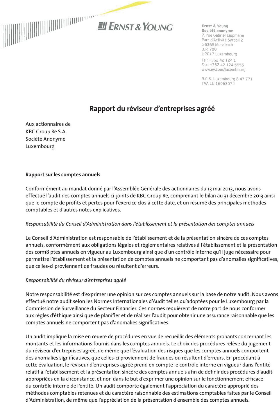 Société Anonyme Luxembourg Rapport sur les comptes annuels Conformément au mandat donné par l Assemblée Générale des actionnaires du 13 mai 2013, nous avons effectué l audit des comptes annuels