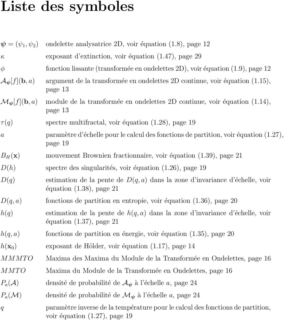 15), page 13 M ψ [f](b, a) module de la transformée en ondelettes 2D continue, voir équation (1.14), page 13 τ(q) spectre multifractal, voir équation (1.