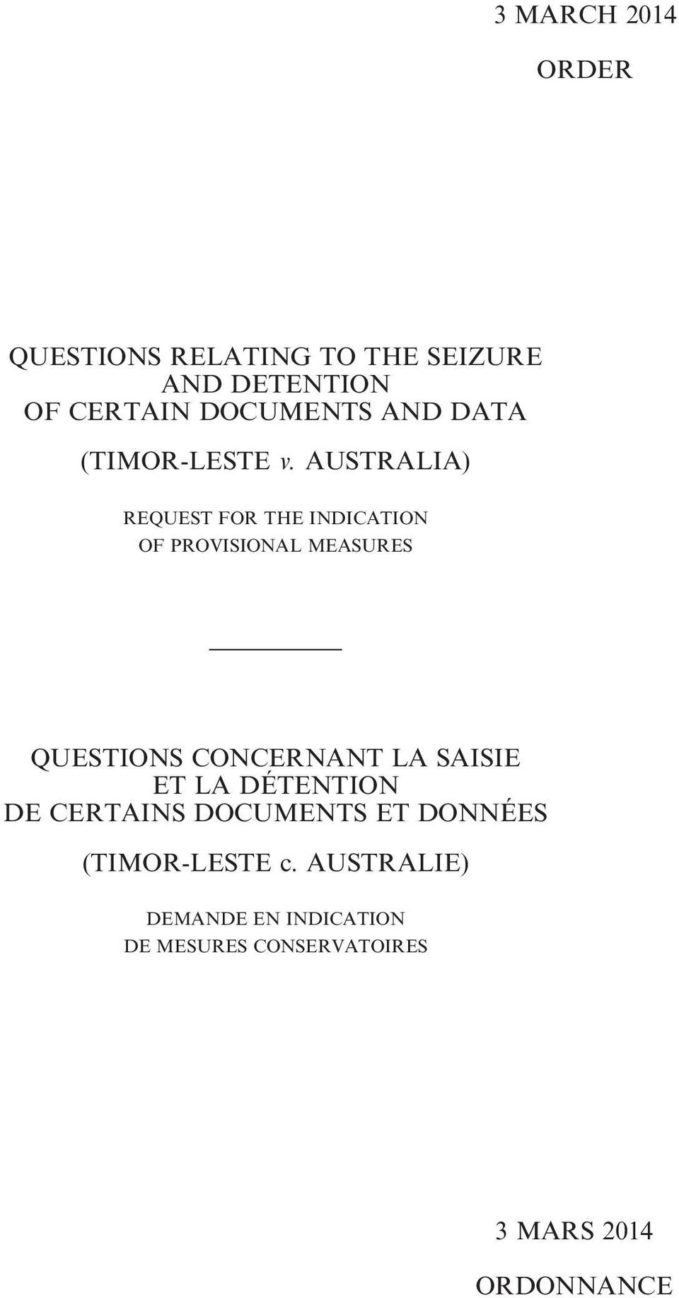 AUSTRALIA) REQUEST FOR THE INDICATION OF PROVISIONAL MEASURES QUESTIONS CONCERNANT LA