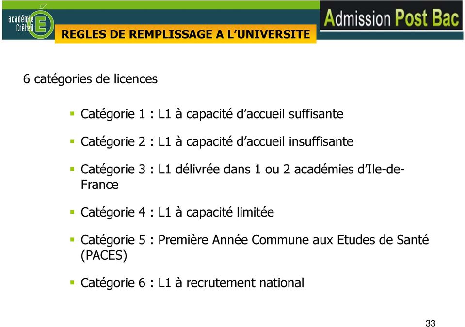délivrée dans 1 ou 2 académies d Ile-de- France Catégorie 4 : L1 à capacité limitée