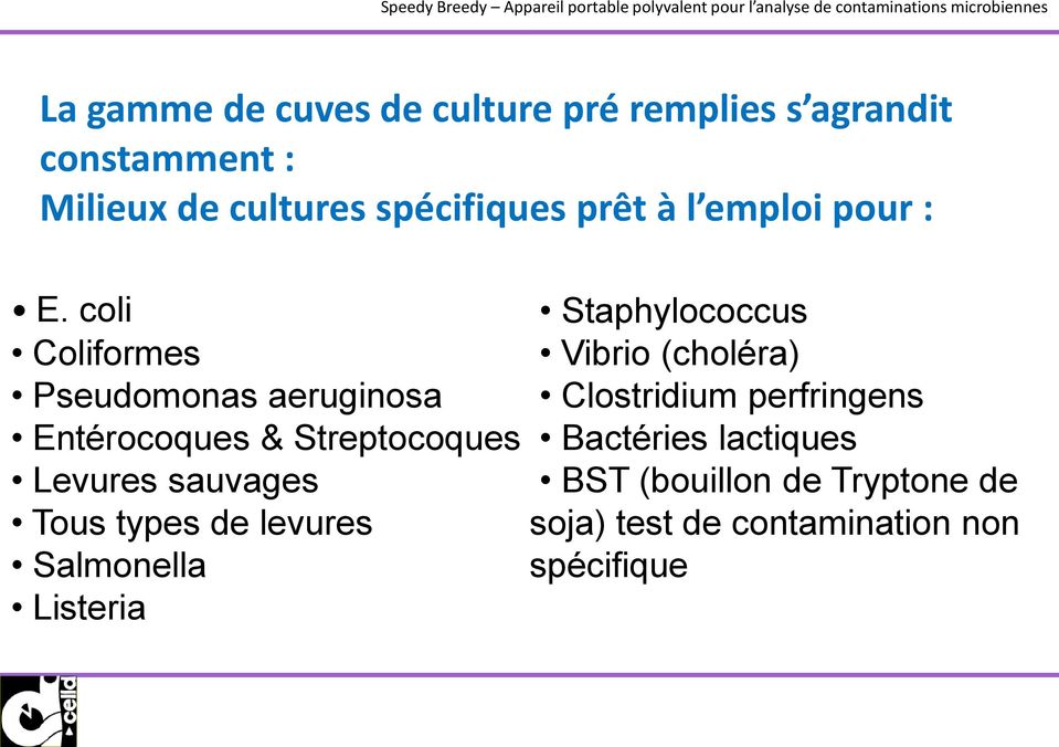 coli Coliformes Pseudomonas aeruginosa Entérocoques & Streptocoques Levures sauvages Tous types de