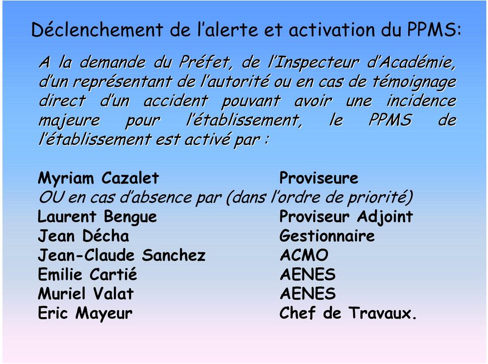 PPMS de l établissement est activé par : Myriam Cazalet Proviseure OU en cas d absence par (dans l ordre de priorité) Laurent Bengue
