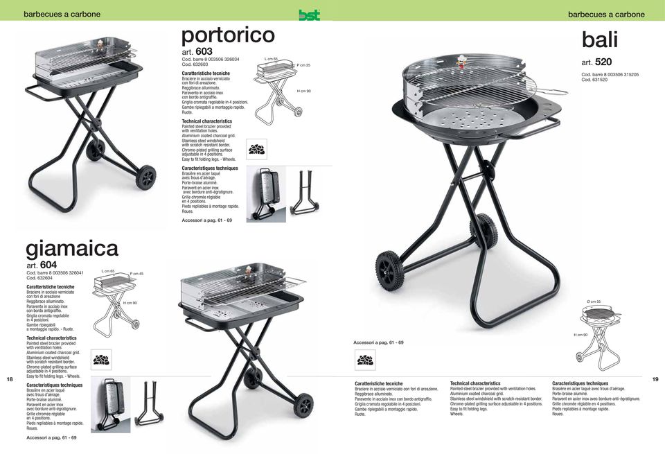 Aluminium coated charcoal grid. Stainless steel windshield with scratch resistant border. Chrome-plated grilling surface adjustable in 4 positions. Easy to fit folding legs. - Wheels.