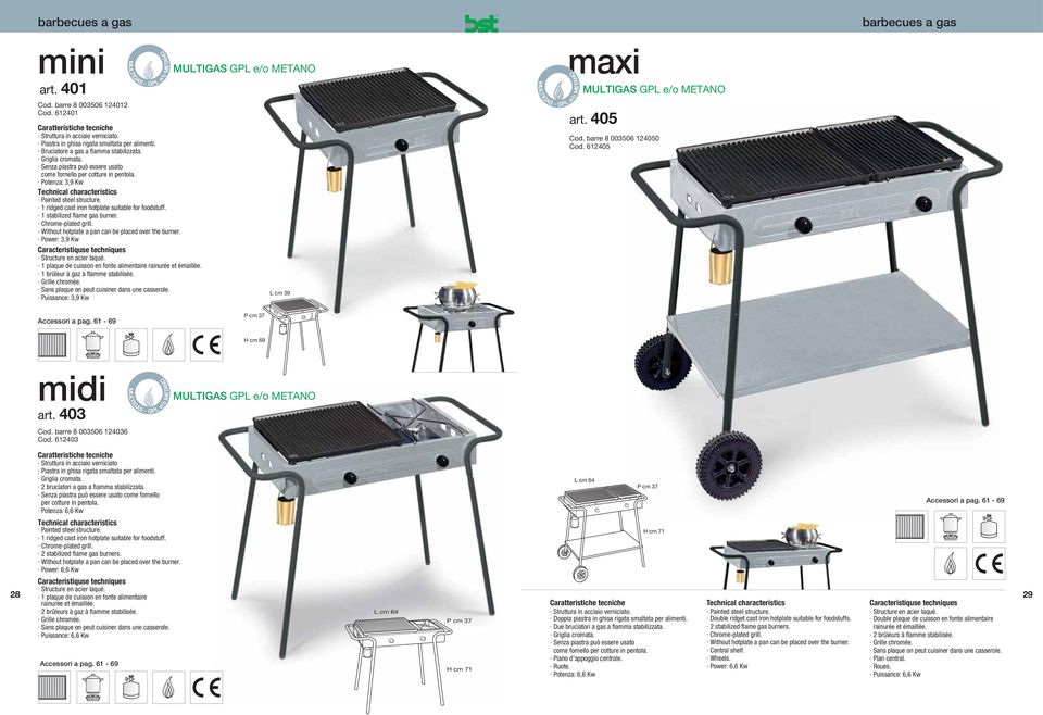 1 ridged cast iron hotplate suitable for foodstuff. 1 stabilized flame gas burner. Chrome-plated grill. Without hotplate a pan can be placed over the burner.