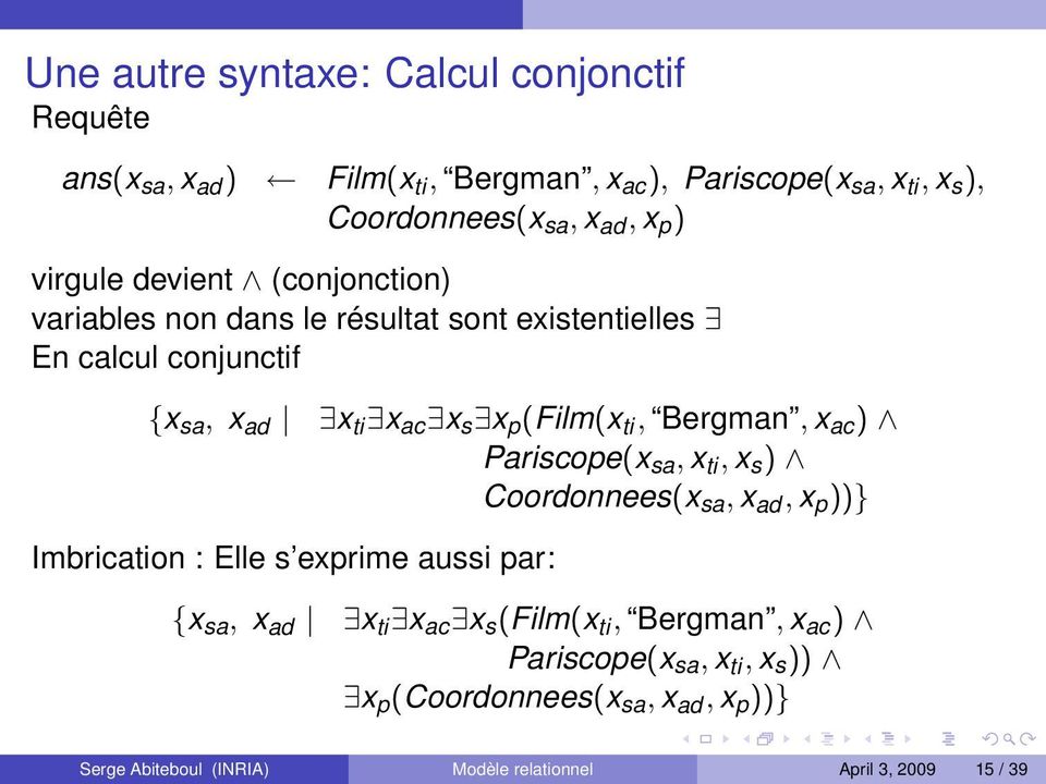 Bergman, x ac ) Pariscope(x sa, x ti, x s ) Coordonnees(x sa, x ad, x p ))} Imbrication : Elle s exprime aussi par: {x sa, x ad x ti x ac x s