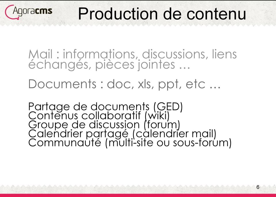 documents (GED) Contenus collaboratif (wiki) Groupe de discussion