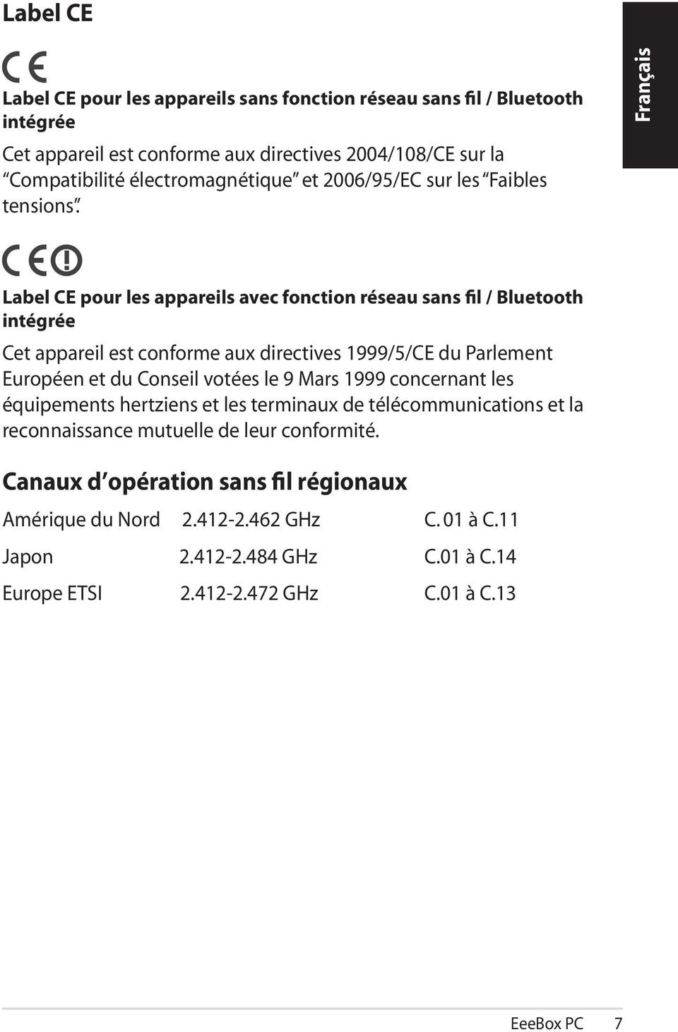 Label CE pour les appareils avec fonction réseau sans fil / Bluetooth intégrée Cet appareil est conforme aux directives 1999/5/CE du Parlement Européen et du Conseil votées le