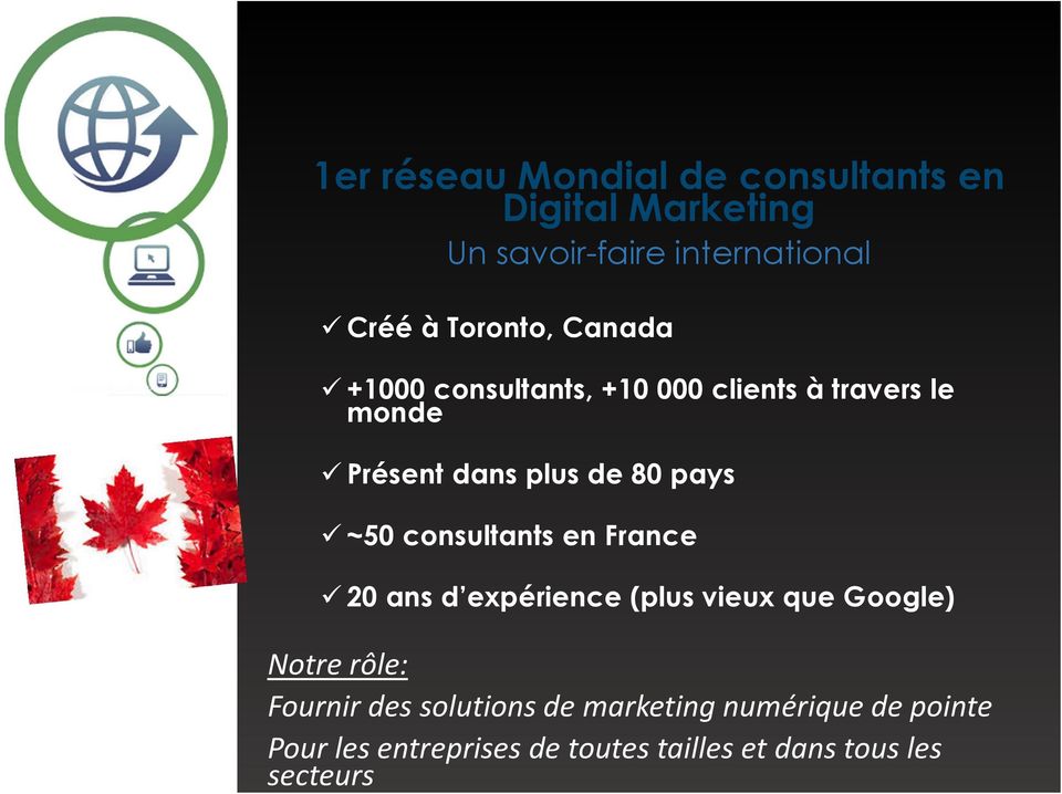 consultants en France 20 ans d expérience (plus vieux que Google) Notre rôle: Fournir des solutions de