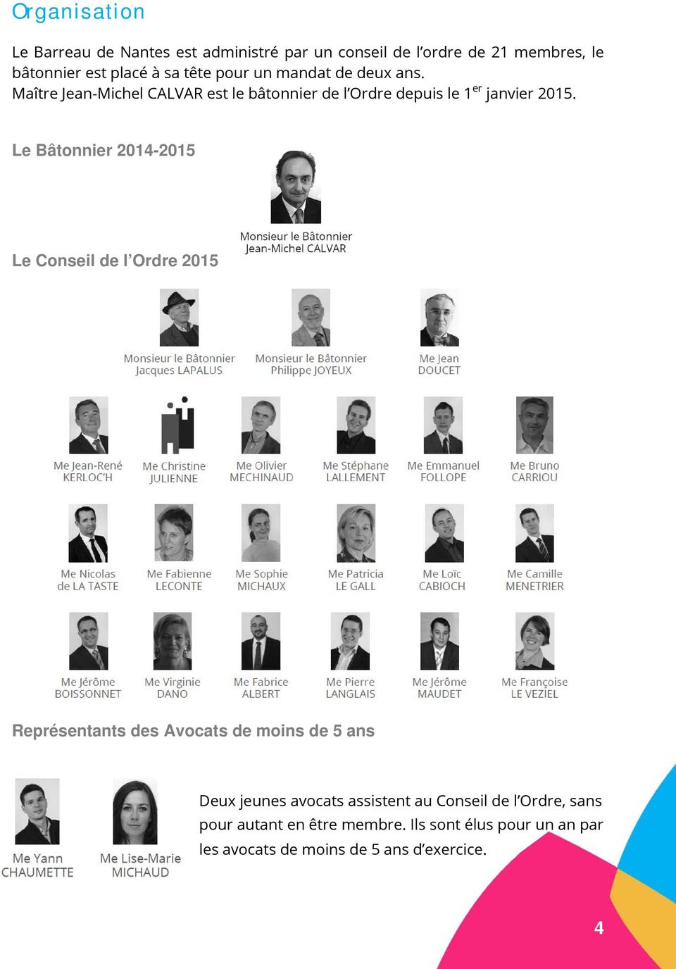 Le Bâtonnier 2014-2015 Le Conseil de l Ordre 2015 Représentants des Avocats de moins de 5 ans Deux jeunes avocats
