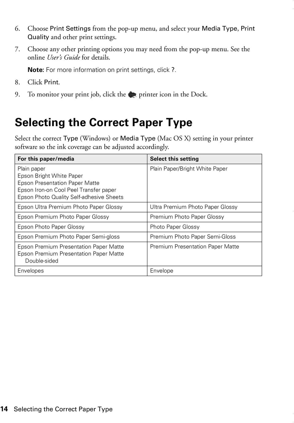 Selecting the Correct Paper Type Select the correct Type (Windows) or Media Type (Mac OS X) setting in your printer software so the ink coverage can be adjusted accordingly.