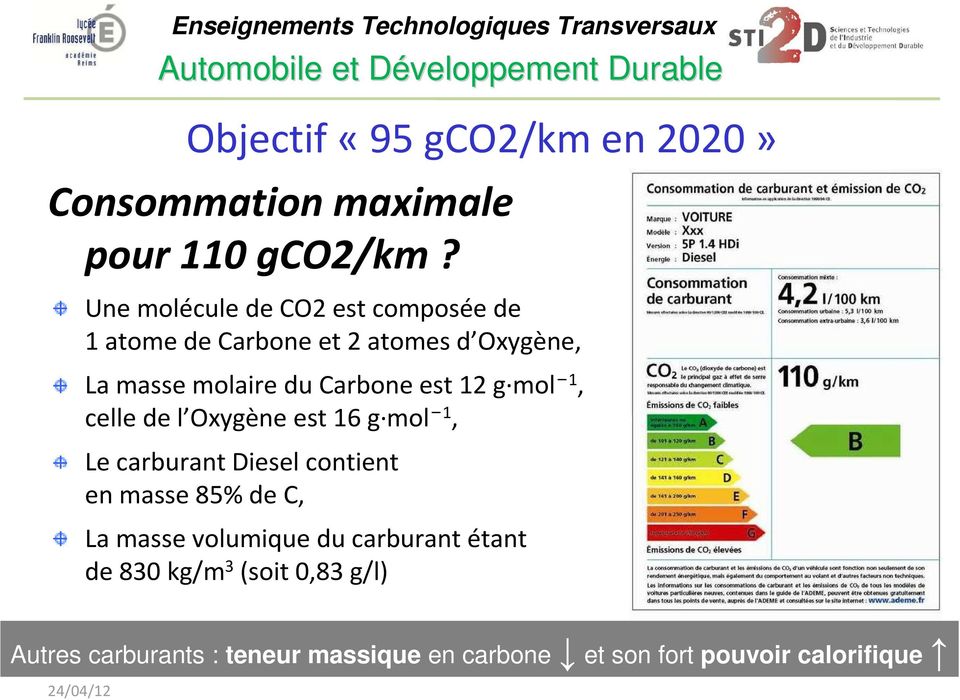 est 12 g mol 1, celle de l Oxygène est 16 g mol 1, Le carburant Diesel contient en masse 85% de C, La