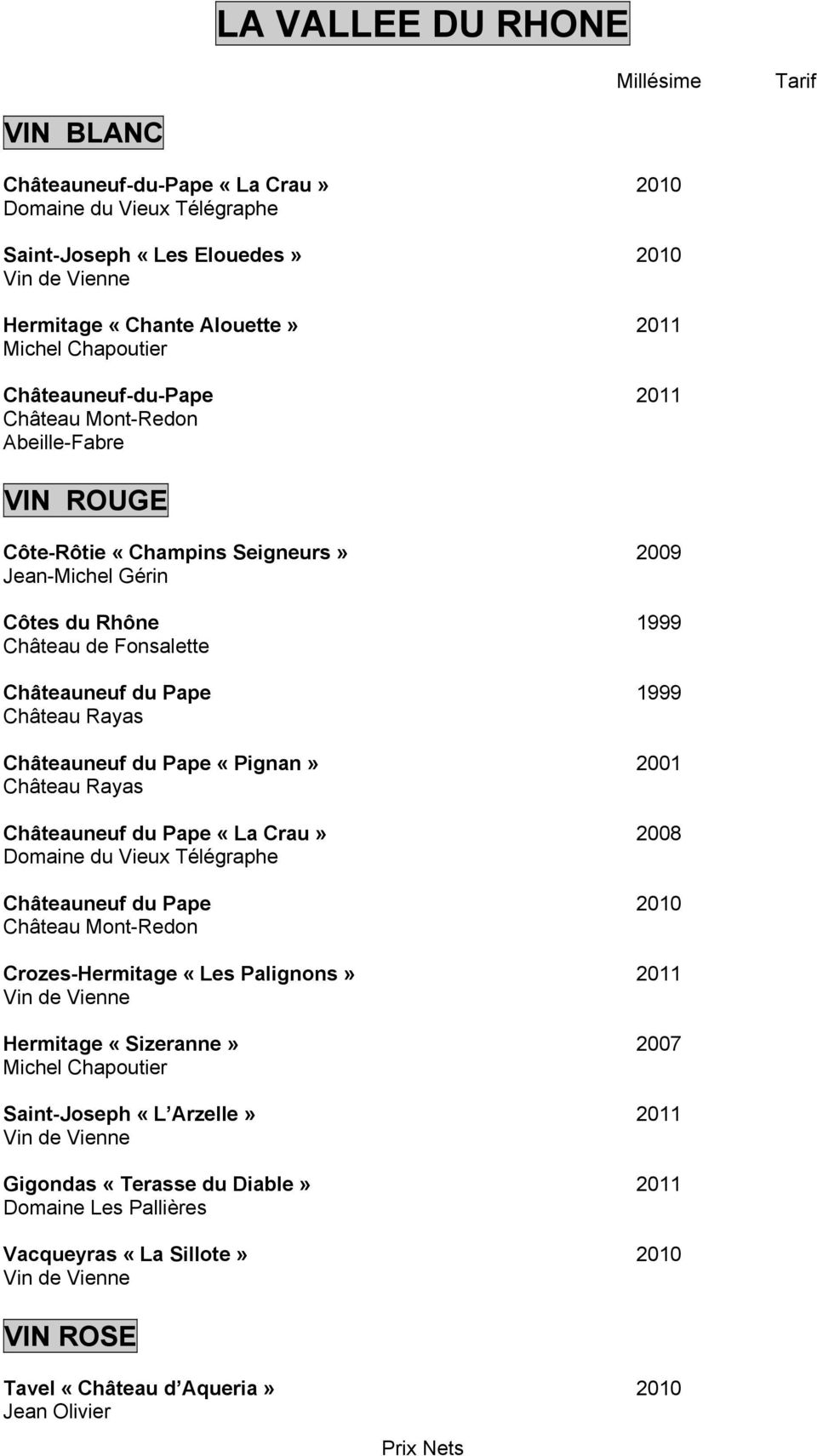 «Pignan» 2001 Château Rayas Châteauneuf du Pape «La Crau» 2008 Domaine du Vieux Télégraphe Châteauneuf du Pape 2010 Château Mont-Redon Crozes-Hermitage «Les Palignons» 2011 Vin de Vienne Hermitage