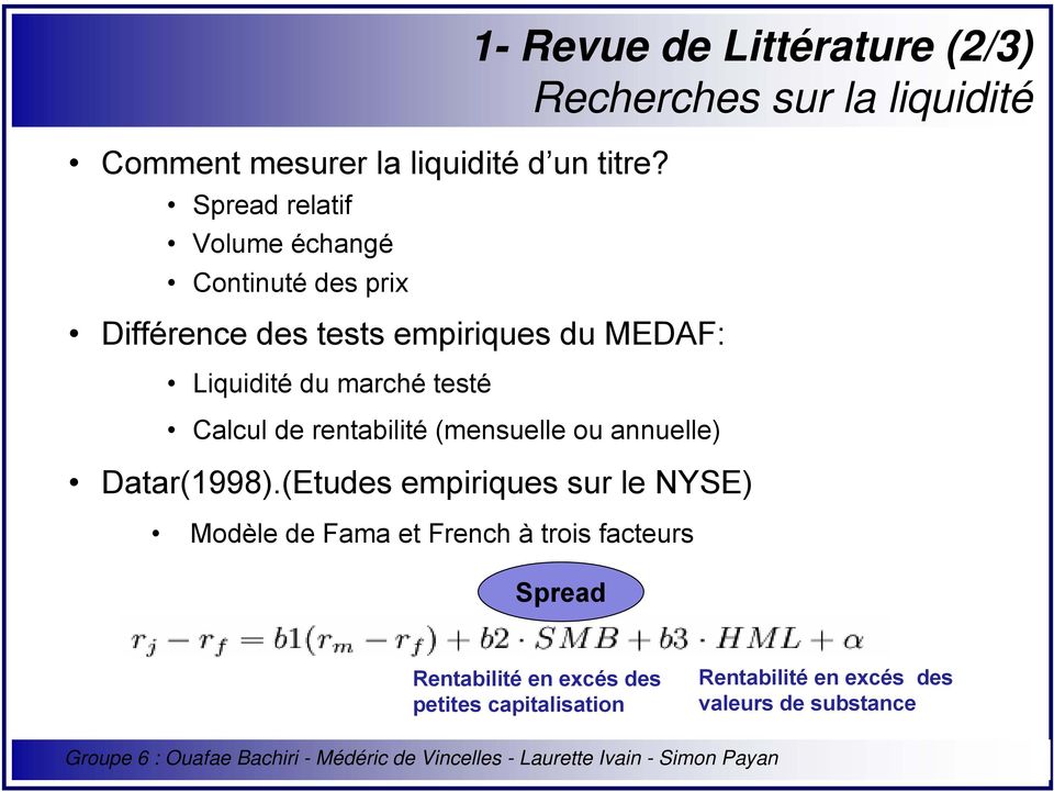 testé Calcul de rentabilité (mensuelle ou annuelle) 1- Revue de Littérature (2/3) Recherches sur la liquidité