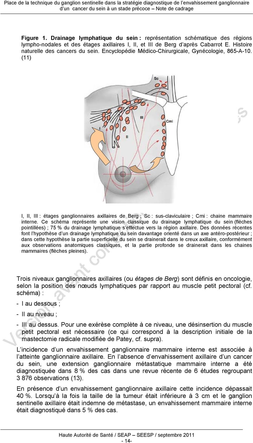 (11) I, II, III : étages ganglionnaires axillaires de Berg ; Sc : sus-claviculaire ; Cmi : chaine mammaire interne.