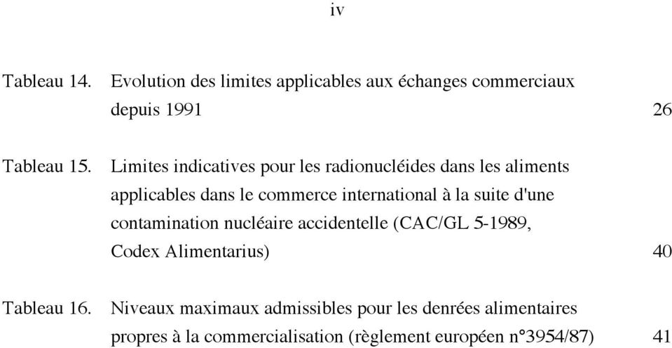 la suite d'une contamination nucléaire accidentelle (CAC/GL 5-1989, Codex Alimentarius) 40 Tableau 16.