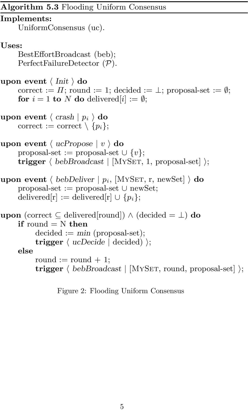 proposal-set := proposal-set {v}; trigger bebbroadcast [MySet, 1, proposal-set] ; upon event bebdeliver p i,[myset, r, newset] do proposal-set := proposal-set newset; delivered[r] := delivered[r] {p
