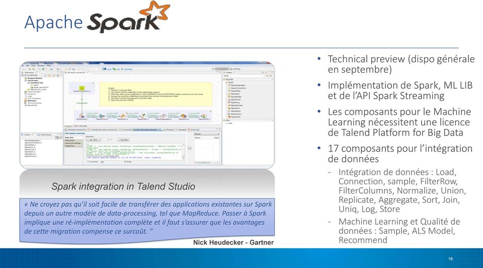 " Nick Heudecker - Gartner Technical preview (dispo générale en septembre) Implémentation de Spark, ML LIB et de l API Spark Streaming Les composants pour le Machine Learning nécessitent une licence