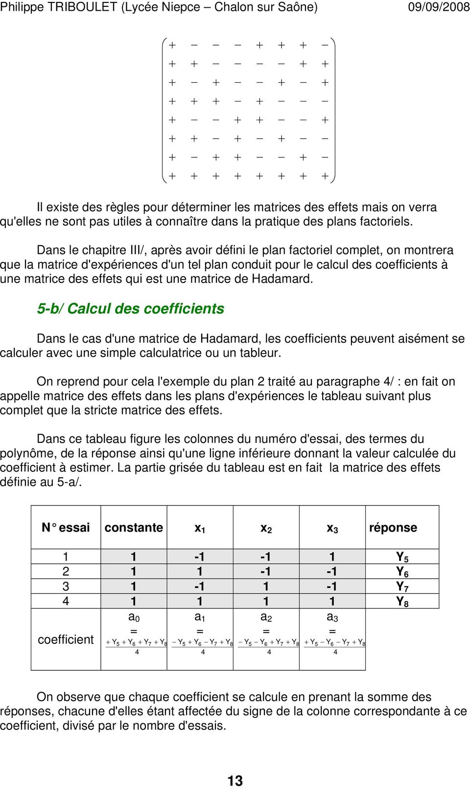 une matrice de Hadamard. 5-b/ Calcul des coefficients Dans le cas d'une matrice de Hadamard, les coefficients peuvent aisément se calculer avec une simple calculatrice ou un tableur.