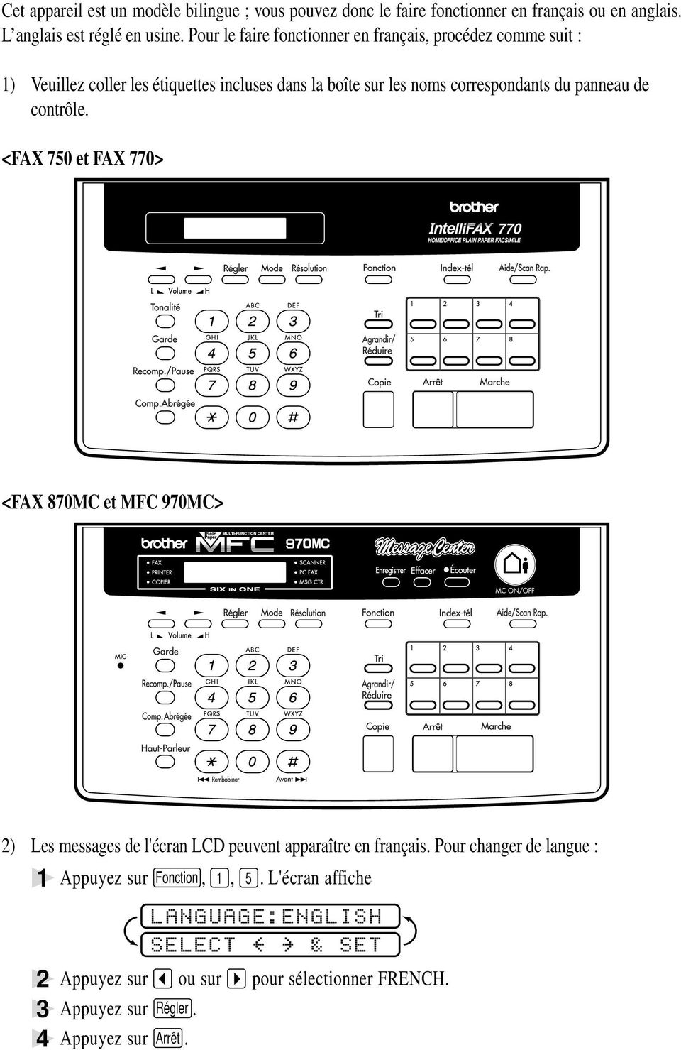 contrôle. <FAX 750 et FAX 770> 770 HOME/OFFICE PLAIN PAPER FACSIMILE <FAX 870MC et MFC 970MC> 2) Les messages de l'écran LCD peuvent apparaître en français.
