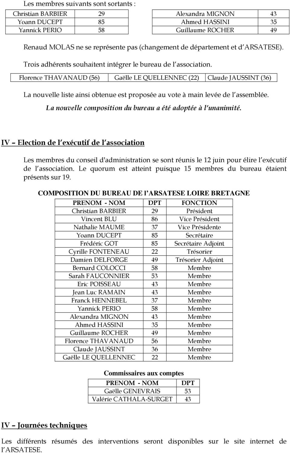 Florence THAVANAUD (56) Gaëlle LE QUELLENNEC (22) Claude JAUSSINT (36) La nouvelle liste ainsi obtenue est proposée au vote à main levée de l assemblée.