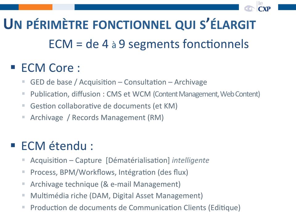 Management (RM) ECM étendu : AcquisiUon Capture [DématérialisaUon] intelligente Process, BPM/Workflows, IntégraUon (des flux)