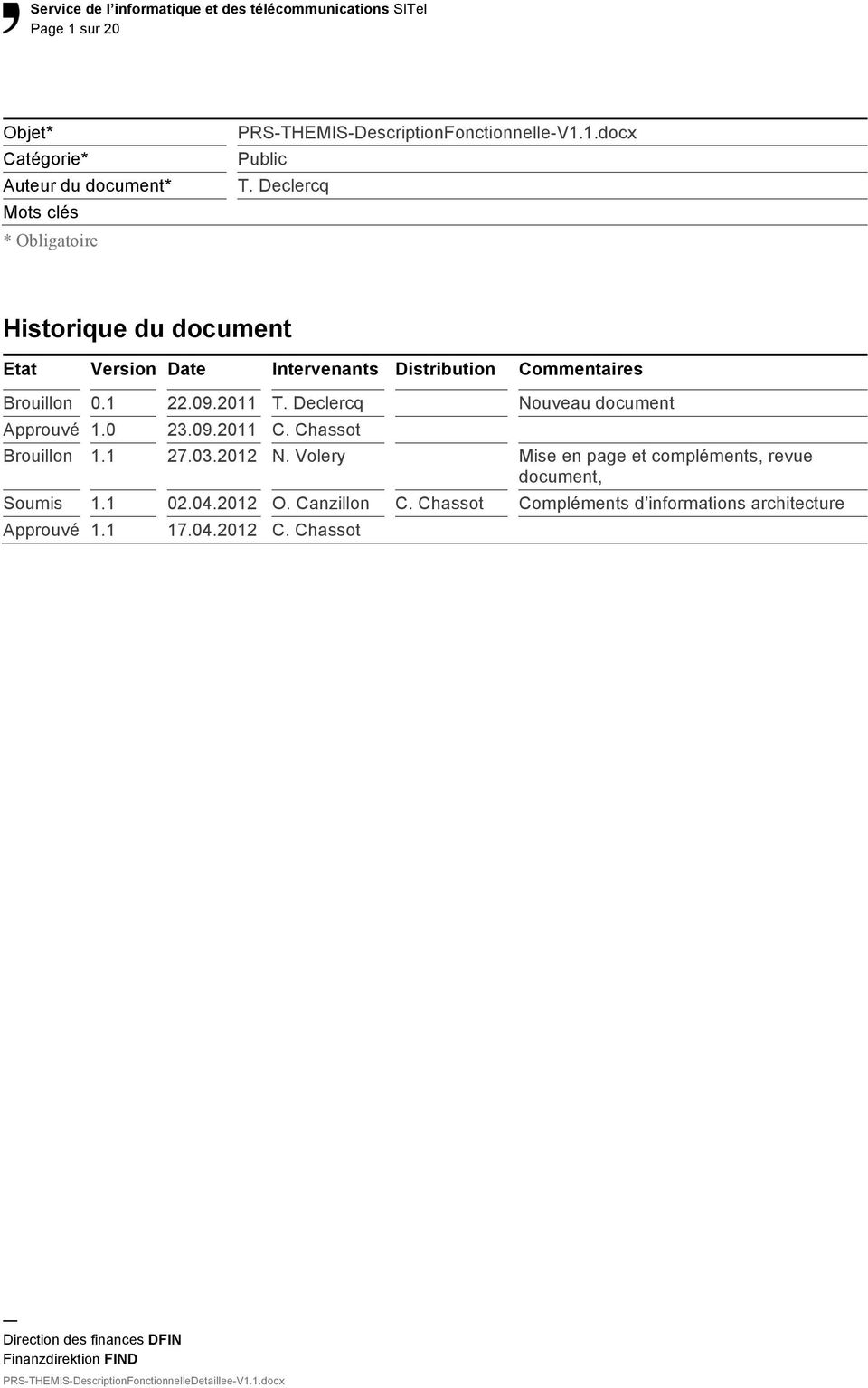 Declercq Nouveau document Approuvé 1.0 23.09.2011 C. Chassot Brouillon 1.1 27.03.2012 N.