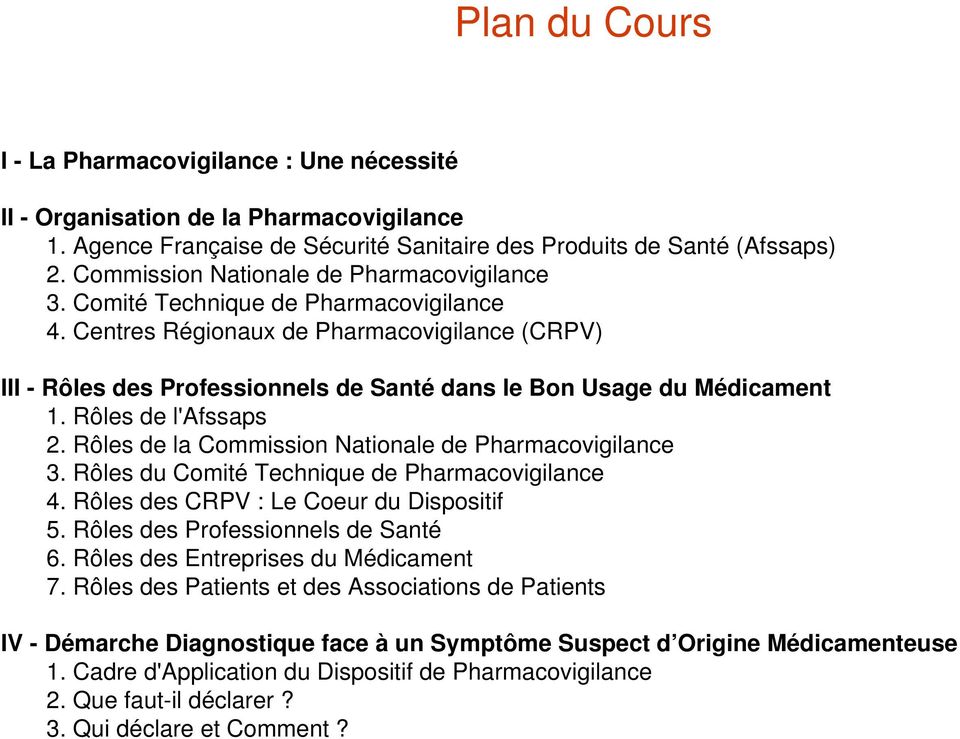 Centres Régionaux de Pharmacovigilance (CRPV) III - Rôles des Professionnels de Santé dans le Bon Usage du Médicament 1. Rôles de l'afssaps 2. Rôles de la Commission Nationale de Pharmacovigilance 3.