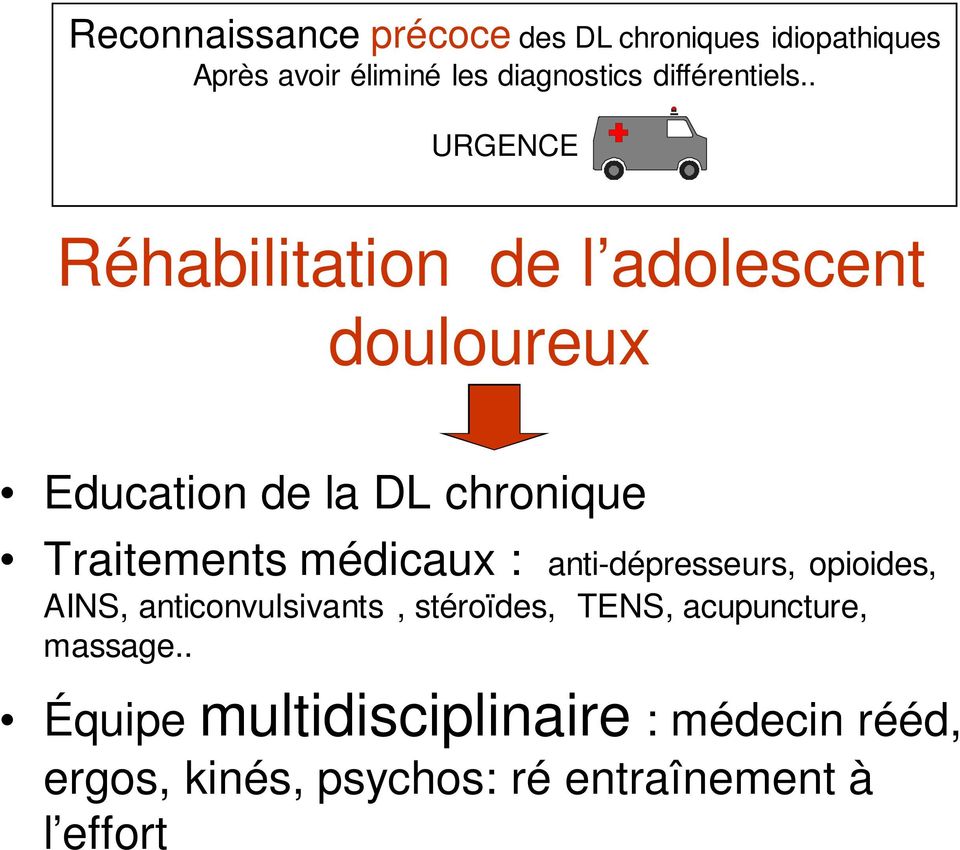 . URGENCE Réhabilitation de l adolescent douloureux Education de la DL chronique Traitements