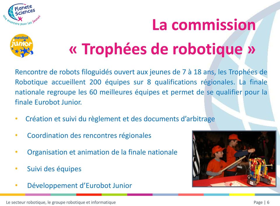 La finale nationale regroupe les 60 meilleures équipes et permet de se qualifier pour la finale Eurobot Junior.