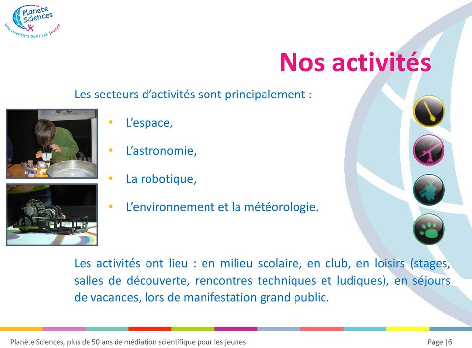 Nos activités Les activités ont lieu : en milieu scolaire, en club, en loisirs (stages, salles de