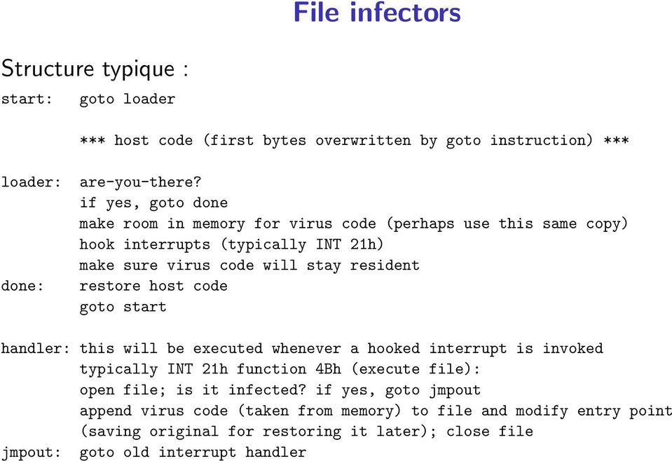 restore host code goto start handler: this will be executed whenever a hooked interrupt is invoked typically INT 21h function 4Bh (execute file): open file; is it
