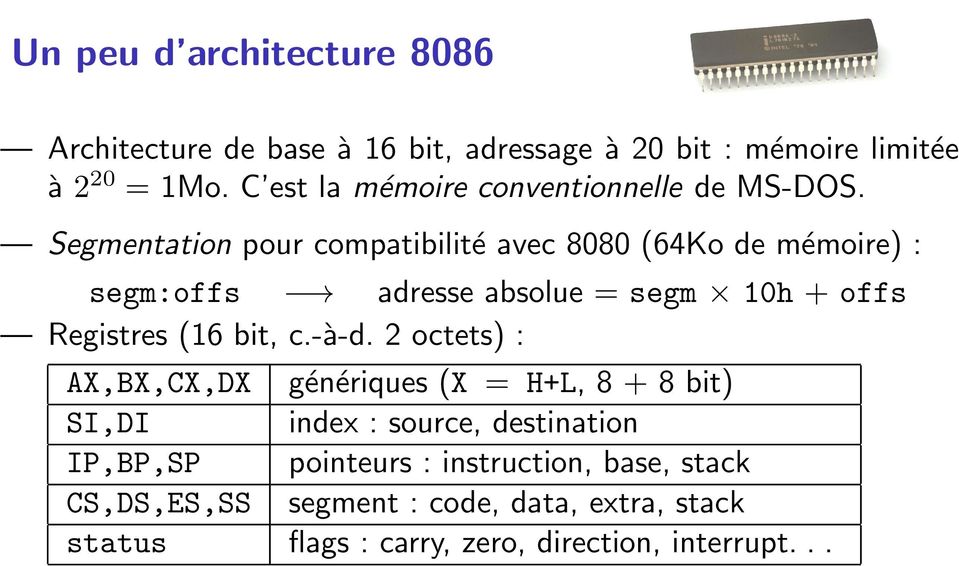 Segmentation pour compatibilité avec 8080 (64Ko de mémoire) : segm:offs adresse absolue = segm 10h + offs Registres (16 bit, c.