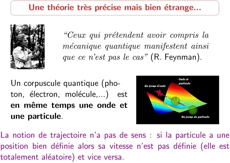 Feynman). Un corpuscule quantique (photon, électron, molécule,...) est en même temps une onde et une particule.