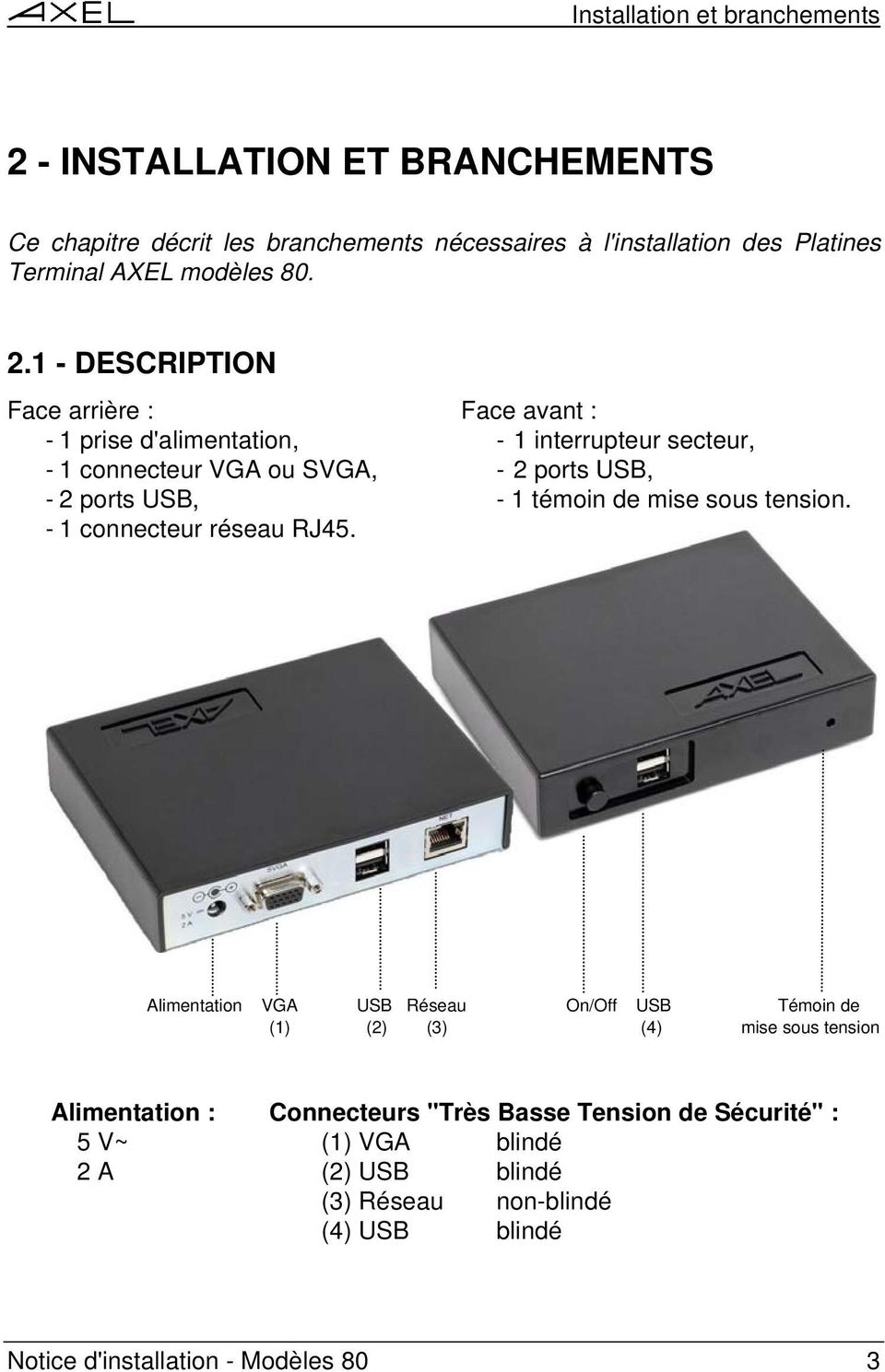 1 - DESCRIPTION Face arrière : Face avant : - 1 prise d'alimentation, - 1 interrupteur secteur, - 1 connecteur VGA ou SVGA, - 2 ports USB, - 2 ports USB, - 1