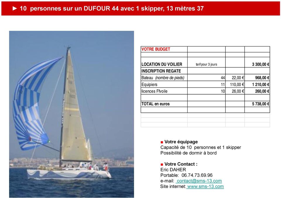 26,00 260,00 TOTAL en euros 5 738,00 Votre équipage Capacité de 10 personnes et 1 skipper Possibilité