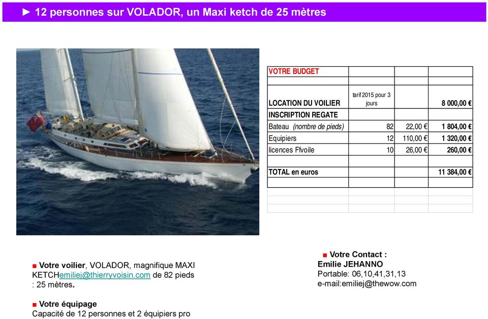11 384,00 Votre voilier, VOLADOR, magnifique MAXI KETCHemiliej@thierryvoisin.com de 82 pieds : 25 mètres.