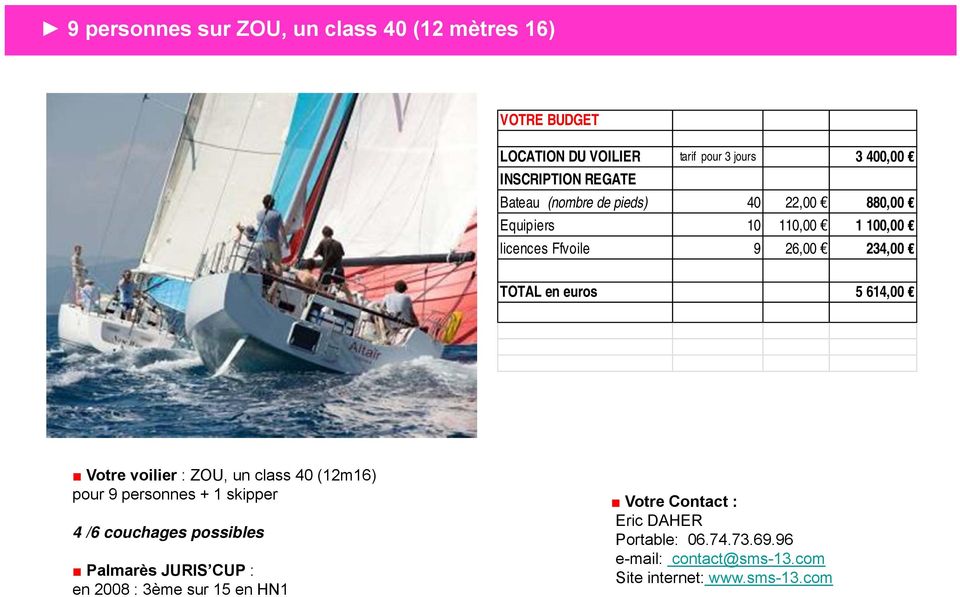 voilier : ZOU, un class 40 (12m16) pour 9 personnes + 1 skipper 4 /6 couchages possibles Palmarès JURIS CUP : en