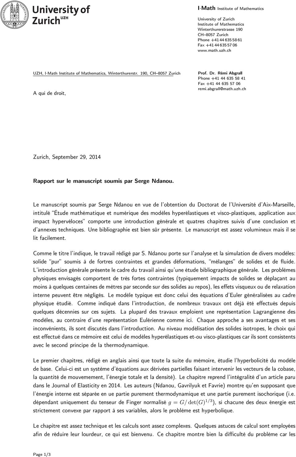 ch Zurich, September 29, 2014 Rapport sur le manuscript soumis par Serge Ndanou.